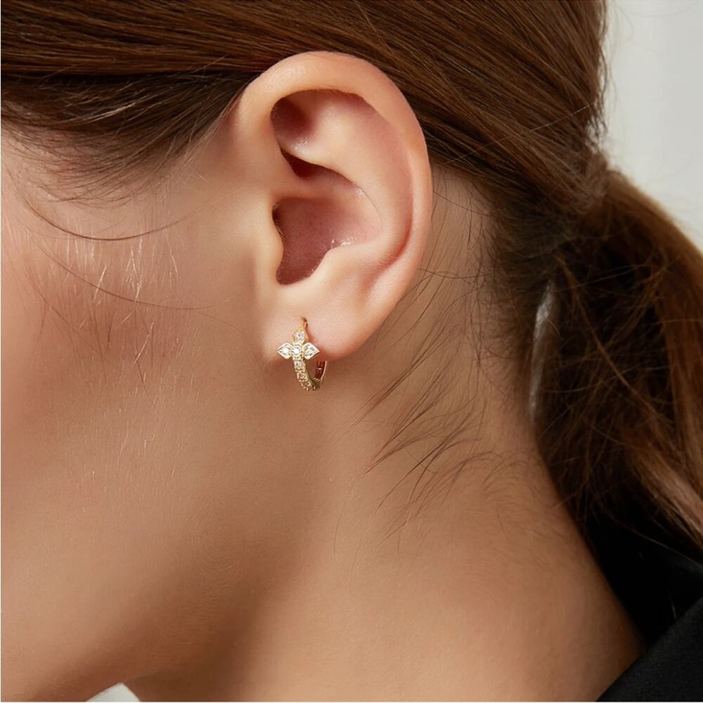 NEW 14K yellow gold pl over sterling silver CZ hoop cross earrings jewelry B5A - Picture 4 of 9